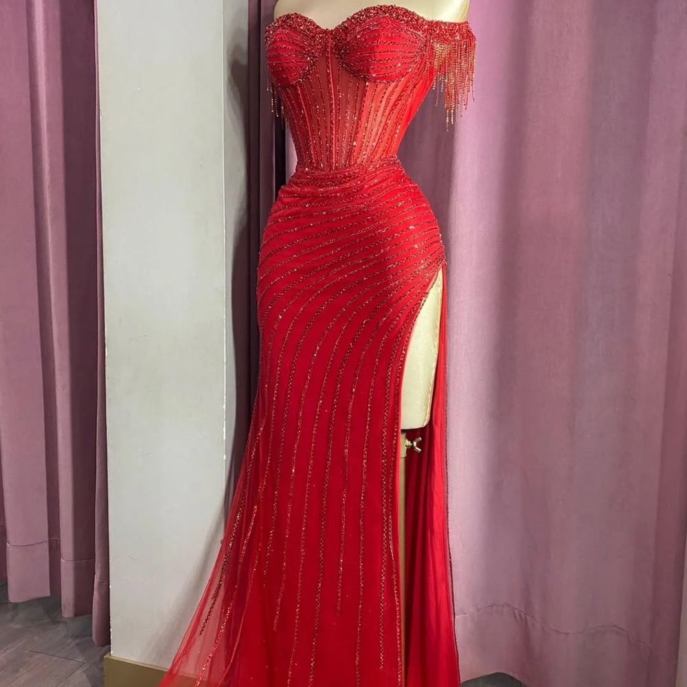 Glam Red Strapless Slit Gown